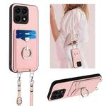 For Honor X8a R20 Crossbody Rope Ring Card Holder Phone Case(Pink)