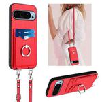 For Google Pixel 9 Pro R20 Crossbody Rope Ring Card Holder Phone Case(Red)