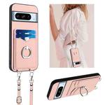 For Google Pixel 8 Pro R20 Crossbody Rope Ring Card Holder Phone Case(Pink)