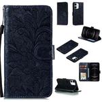 For iPhone 12 / 12 Pro Lace Flower Horizontal Flip Leather Case with Holder & Card Slots & Wallet & Photo Frame(Dark Blue)