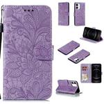 For iPhone 12 / 12 Pro Lace Flower Horizontal Flip Leather Case with Holder & Card Slots & Wallet & Photo Frame(Purple)