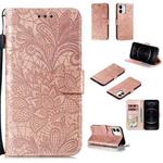 For iPhone 12 / 12 Pro Lace Flower Horizontal Flip Leather Case with Holder & Card Slots & Wallet & Photo Frame(Rose Gold)
