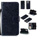 For iPhone 12 / 12 Pro Lace Flower Horizontal Flip Leather Case with Holder & Card Slots & Wallet & Photo Frame(Dark Blue)