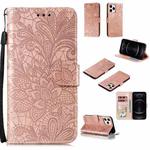 For iPhone 12 / 12 Pro Lace Flower Horizontal Flip Leather Case with Holder & Card Slots & Wallet & Photo Frame(Rose Gold)
