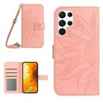For Samsung Galaxy S25 Ultra 5G Skin Feel Sun Flower Embossed Flip Leather Phone Case with Lanyard(Pink)