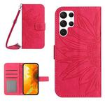 For Samsung Galaxy S25 Ultra 5G Skin Feel Sun Flower Embossed Flip Leather Phone Case with Lanyard(Rose Red)