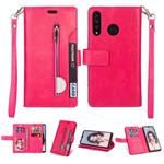 For Huawei P30 lite Multifunctional Zipper Horizontal Flip Leather Case with Holder & Wallet & 9 Card Slots & Lanyard(Rose Red)