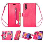 For Huawei P20 Multifunctional Zipper Horizontal Flip Leather Case with Holder & Wallet & 9 Card Slots & Lanyard(Rose Red)