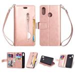 For Huawei P20 lite / Nova 3e Multifunctional Zipper Horizontal Flip Leather Case with Holder & Wallet & 9 Card Slots & Lanyard(Rose Gold)