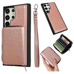 For Samsung Galaxy S23 Ultra 5G Solid Color Zipper 11-Card Slots Bag Phone Case with Lanyard(Rose Gold)