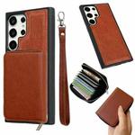 For Samsung Galaxy S23 Ultra 5G Solid Color Zipper 11-Card Slots Bag Phone Case with Lanyard(Brown)