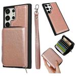 For Samsung Galaxy S22 Ultra 5G Solid Color Zipper 11-Card Slots Bag Phone Case with Lanyard(Rose Gold)