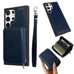 For Samsung Galaxy S21 Ultra 5G Solid Color Zipper 11-Card Slots Bag Phone Case with Lanyard(Blue)