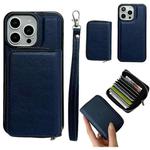 For iPhone 15 Pro Max Solid Color Zipper 11-Card Slots Bag Phone Case with Lanyard(Blue)