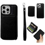 For iPhone 15 Pro Max Solid Color Zipper 11-Card Slots Bag Phone Case with Lanyard(Black)