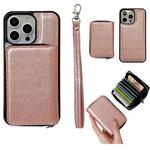 For iPhone 16 Pro Max Solid Color Zipper 11-Card Slots Bag Phone Case with Lanyard(Rose Gold)