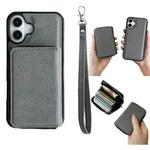 For iPhone 16 Plus Solid Color Zipper 11-Card Slots Bag Phone Case with Lanyard(Grey)