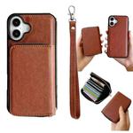 For iPhone 16 Plus Solid Color Zipper 11-Card Slots Bag Phone Case with Lanyard(Brown)