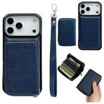 For iPhone 17 Pro Solid Color Zipper 11-Card Slots Bag Phone Case with Lanyard(Blue)
