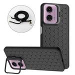 For Motorola Moto G24 / G04 Honeycomb Radiating Holder TPU Phone Case with Lanyard(Black)