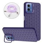 For Motorola Moto G34 Honeycomb Radiating Holder TPU Phone Case with Lanyard(Purple)