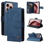 For iPhone 16 Pro Skin Feel Multi-Card Wallet Zipper Leather Phone Case(Blue)