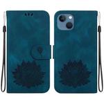 For iPhone 14 Plus Lotus Embossed Leather Phone Case(Dark Blue)