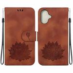 For iPhone 16 Plus Lotus Embossed Leather Phone Case(Brown)