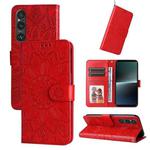 For Sony Xperia 1 V Embossed Sunflower Leather Phone Case(Red)