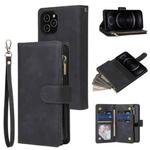 For iPhone 12 / 12 Pro Multifunctional Retro Frosted Horizontal Flip Leather Case with Card Slot & Holder & Zipper Wallet & Photo Frame & Lanyard(Black)