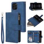 For iPhone 12 / 12 Pro Multifunctional Retro Frosted Horizontal Flip Leather Case with Card Slot & Holder & Zipper Wallet & Photo Frame & Lanyard(Blue)