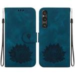 For Sony Xperia 1 V Lotus Embossed Leather Phone Case(Dark Blue)