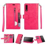 For Samsung Galaxy A50 / A50s / A30s Multifunctional Zipper Horizontal Flip Leather Case with Holder & Wallet & 9 Card Slots & Lanyard(Rose Red)