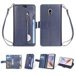 For Samsung Galaxy J3 (2018) / Galaxy J7 (2018) Multifunctional Zipper Horizontal Flip Leather Case with Holder & Wallet & 9 Card Slots & Lanyard(Blue)
