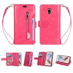 For Samsung Galaxy J3 (2018) / Galaxy J7 (2018) Multifunctional Zipper Horizontal Flip Leather Case with Holder & Wallet & 9 Card Slots & Lanyard(Rose Red)