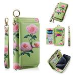 For iPhone 15 Pro Max POLA MagSafe Flower Multi-functional Zipper Wallet Leather Phone Case(Green)