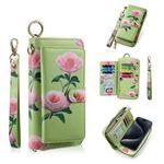 For iPhone 15 POLA MagSafe Flower Multi-functional Zipper Wallet Leather Phone Case(Green)