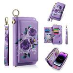 For iPhone 14 Pro POLA MagSafe Flower Multi-functional Zipper Wallet Leather Phone Case(Purple)