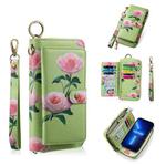For iPhone 13 Pro POLA MagSafe Flower Multi-functional Zipper Wallet Leather Phone Case(Green)