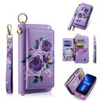 For iPhone 13 POLA MagSafe Flower Multi-functional Zipper Wallet Leather Phone Case(Purple)