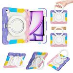 For iPad Air 13 2024 Armor Portable Rotating Ring Holder Silicone Tablet Case with Pen Slot(Colorful Pink)