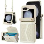 For Samsung Galaxy Z Flip5 Splicing Rhombic Texture Phone Case with Long & Short Lanyard, Not Included Pen(Beige)