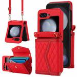 For Samsung Galaxy Z Flip5 Splicing Rhombic Texture Phone Case with Long & Short Lanyard, Not Included Pen(Red)