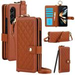 For Samsung Galaxy Z Fold4 Splicing Rhombic Texture Phone Case with Long & Short Lanyard, Not Included Pen(Brown)