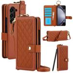 For Samsung Galaxy Z Fold5 Splicing Rhombic Texture Phone Case with Long & Short Lanyard, Not Included Pen(Brown)