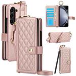 For Samsung Galaxy Z Fold6 Splicing Rhombic Texture Phone Case with Long & Short Lanyard, Not Included Pen(Rose Gold)