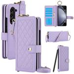 For Samsung Galaxy Z Fold6 Splicing Rhombic Texture Phone Case with Long & Short Lanyard, Not Included Pen(Purple)