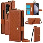 For Samsung Galaxy Z Fold6 Splicing Rhombic Texture Phone Case with Long & Short Lanyard, Not Included Pen(Brown)