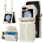 For Samsung Galaxy Z Flip7 5G Splicing Rhombic Texture Phone Case with Long & Short Lanyard, Not Included Pen(Beige)