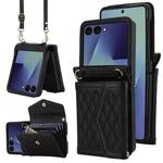 For Samsung Galaxy Z Flip7 5G Splicing Rhombic Texture Phone Case with Long & Short Lanyard, Not Included Pen(Black)